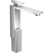 Chrome single-hole bathroom faucet with rectangular spout, tall vertical body with diamond cut texture, and lever handle.