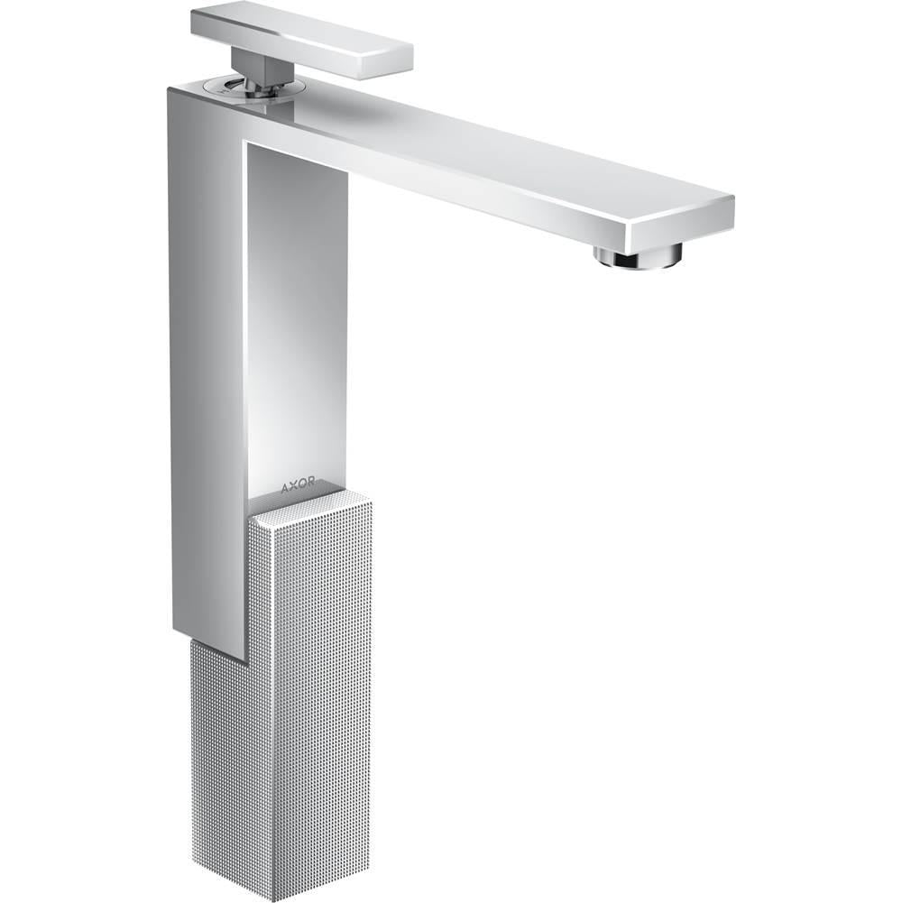 Chrome single-hole bathroom faucet with rectangular spout, tall vertical body with diamond cut texture, and lever handle.