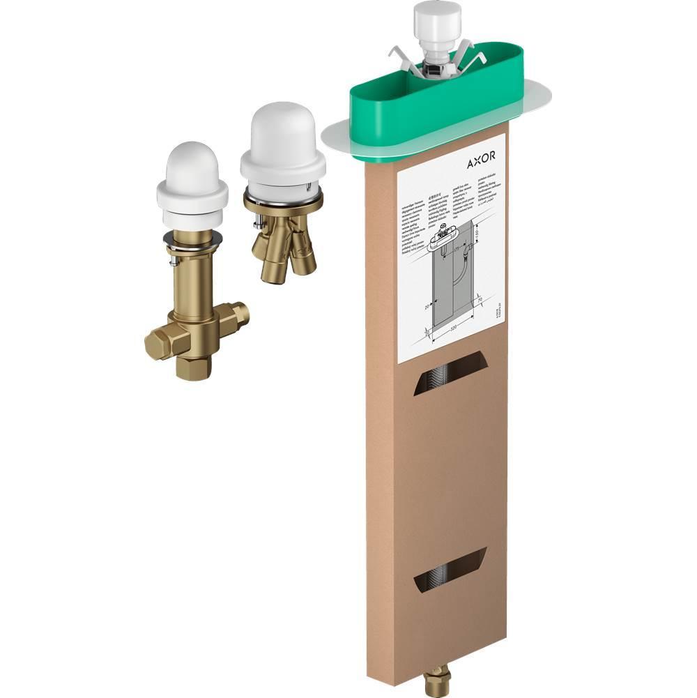 Hansgrohe rough-in valve with brass body and white cartridge caps, shown with green supply module and installation instructio