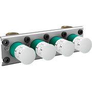 Hansgrohe thermostatic valve rough-in body with four white and green cartridge modules and brass connection ports.