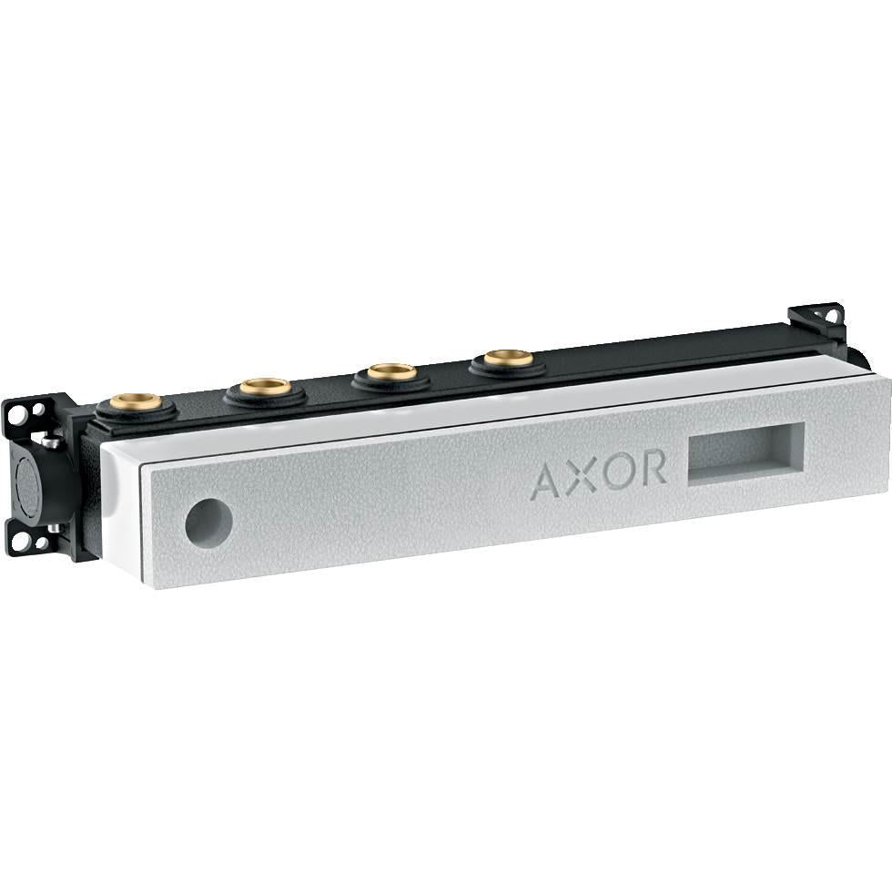 Hansgrohe Axor thermostatic module with silver face plate, black mounting bracket, and five brass valve connections.