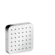 Chrome square shower head with rounded corners and grid pattern of small spray jets.
