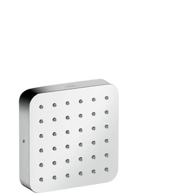 Chrome square shower head with rounded corners and grid pattern of small spray jets.