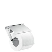 Chrome toilet paper holder with hinged cover and roll installed, shown from angled front view.