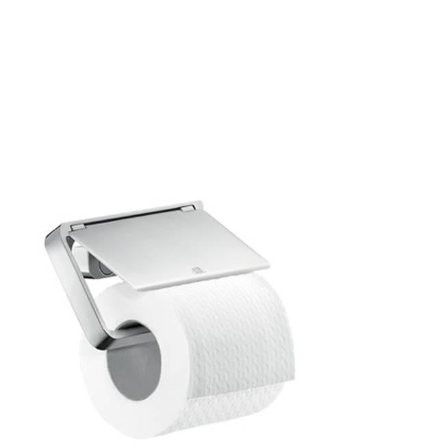 Chrome toilet paper holder with hinged cover and roll installed, shown from angled front view.