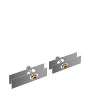 Chrome mounting brackets with brass fittings for two-sided glass installation.