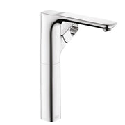 Chrome single-hole bathroom faucet with tall curved spout and lever handle.