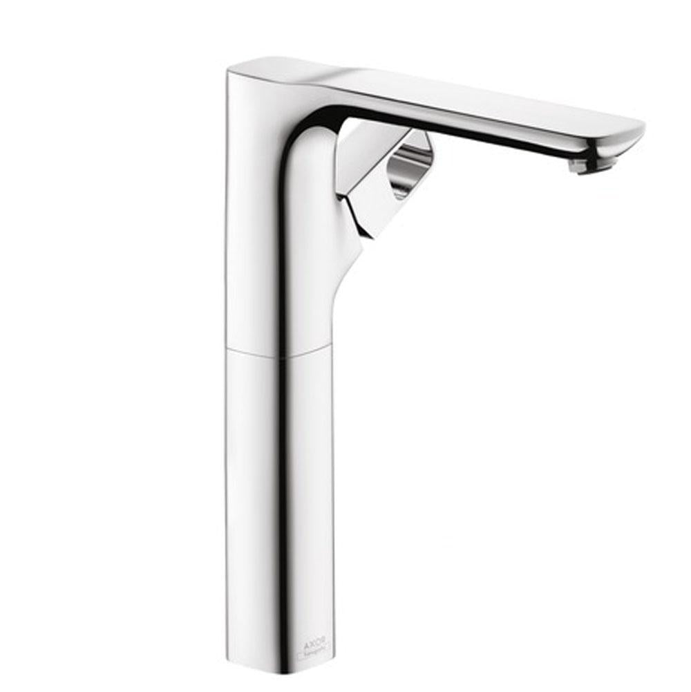 Chrome single-hole bathroom faucet with tall curved spout and lever handle.