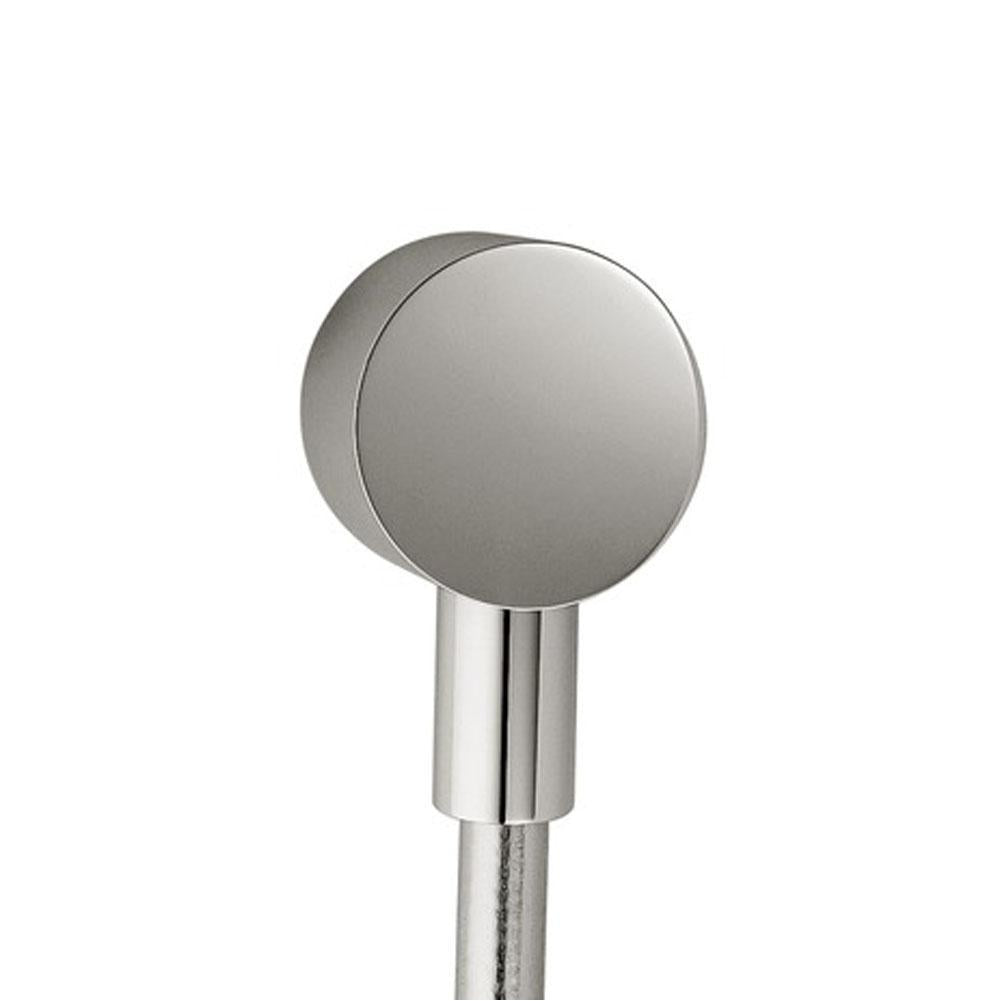 Polished nickel wall outlet with spherical cap and cylindrical connector for shower system installation.