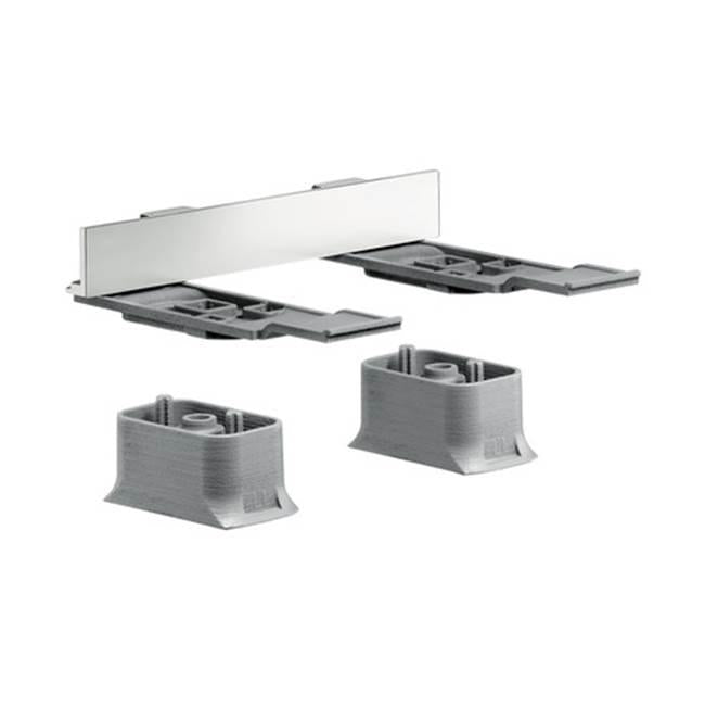 Brushed nickel adapter set with mounting plate, two flat connector pieces, and two cylindrical bases.