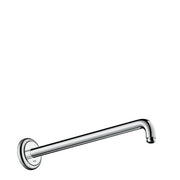 Chrome shower arm with circular wall mount and angled outlet for overhead showerhead connection.