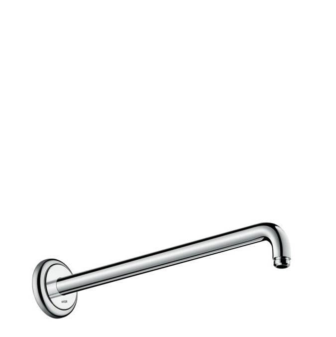 Chrome shower arm with circular wall mount and angled outlet for overhead showerhead connection.