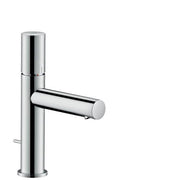 Chrome single-hole bathroom faucet with cylindrical body and horizontal lever handle.
