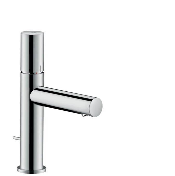 Chrome single-hole bathroom faucet with cylindrical body and horizontal lever handle.