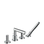 Chrome four-hole roman tub set with spout, two vertical controls, handshower, and mounting bases.