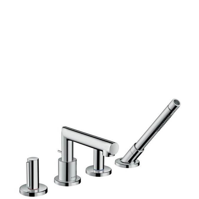 Chrome four-hole roman tub set with spout, two vertical controls, handshower, and mounting bases.