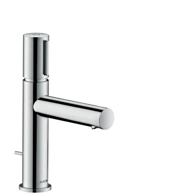 Chrome single-hole bathroom faucet with cylindrical body, extended spout, and integrated pop-up drain control.