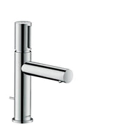 Chrome single-hole bathroom faucet with cylindrical body and horizontal lever spout.