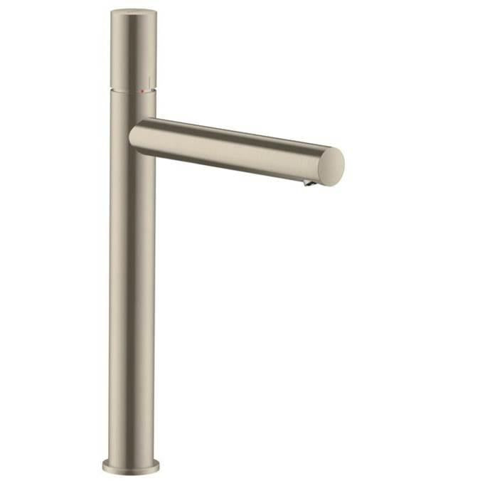 Brushed nickel single-hole bathroom faucet with tall cylindrical body and horizontal lever handle.
