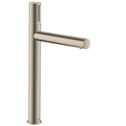 Brushed nickel single-hole bathroom faucet with tall cylindrical spout and horizontal lever handle.