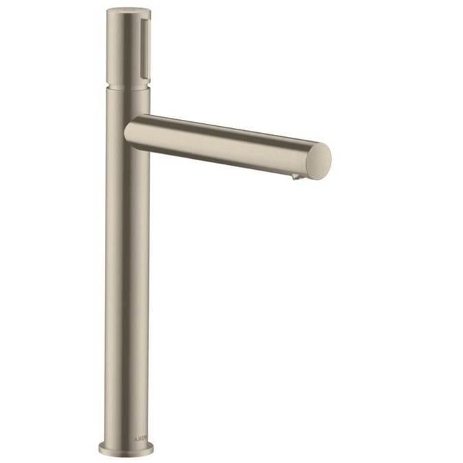 Brushed nickel single-hole bathroom faucet with tall cylindrical spout and horizontal lever handle.
