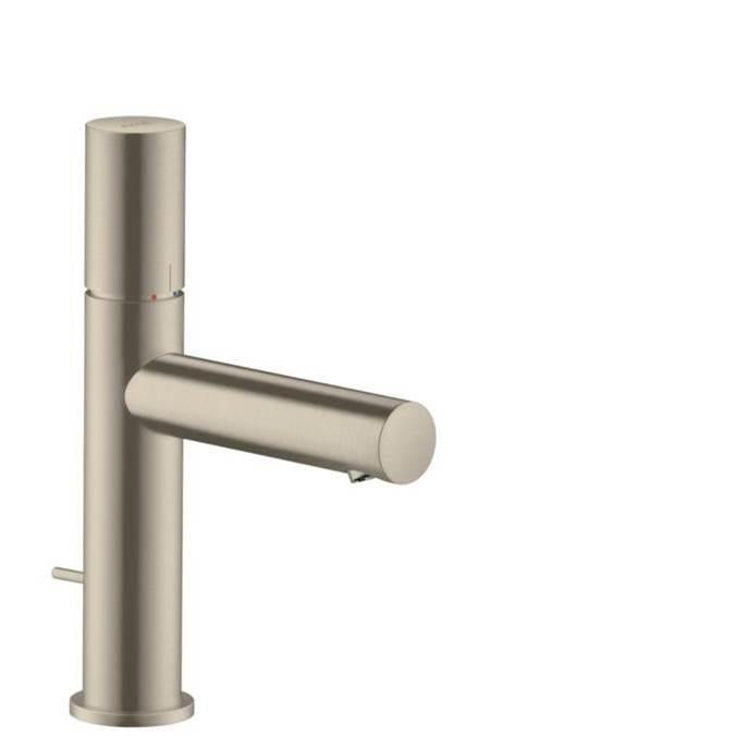 Brushed nickel single-hole bathroom faucet with tall cylindrical body and horizontal lever handle.