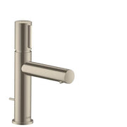 Brushed nickel single-hole faucet with tall cylindrical body and horizontal lever spout.