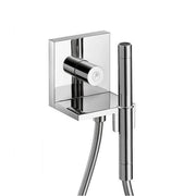 Chrome shower valve trim with cylindrical handshower, control lever, and wall-mounted square escutcheon plate.