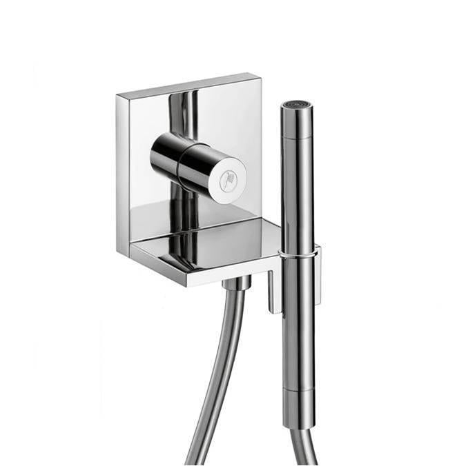 Chrome shower valve trim with cylindrical handshower, control lever, and wall-mounted square escutcheon plate.