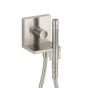 Brushed nickel shower trim with wall-mounted valve and perforated handshower on flexible hose.