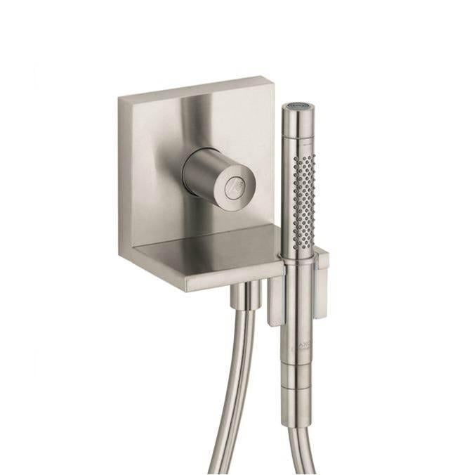 Brushed nickel shower trim with wall-mounted valve and perforated handshower on flexible hose.