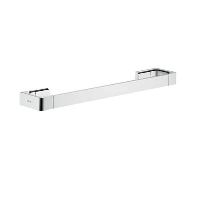Chrome shower door handle with square mounting plates at each end and black grip accent.