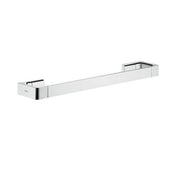 Brushed nickel shower door handle with square mounting plates at each end and black accent details.