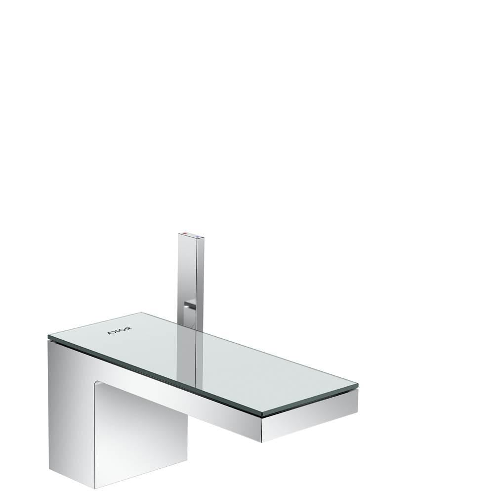 Chrome single-hole faucet with tall rectangular spout and mirror glass basin mounted on white rectangular base.
