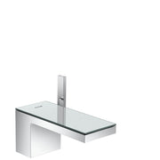 Chrome single-hole faucet with tall rectangular spout and mirror glass basin mounted on white rectangular base.