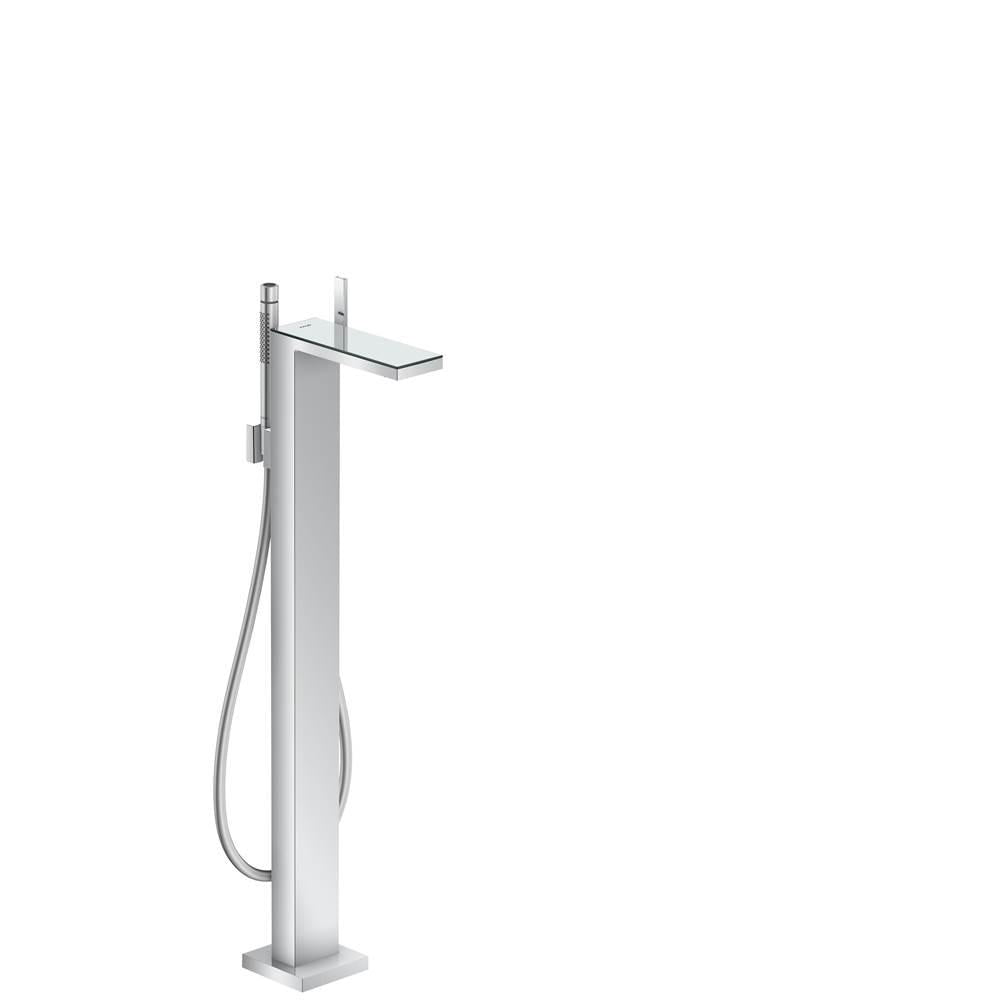Chrome freestanding tub filler with rectangular spout, handshower, and mirror glass accent panel.
