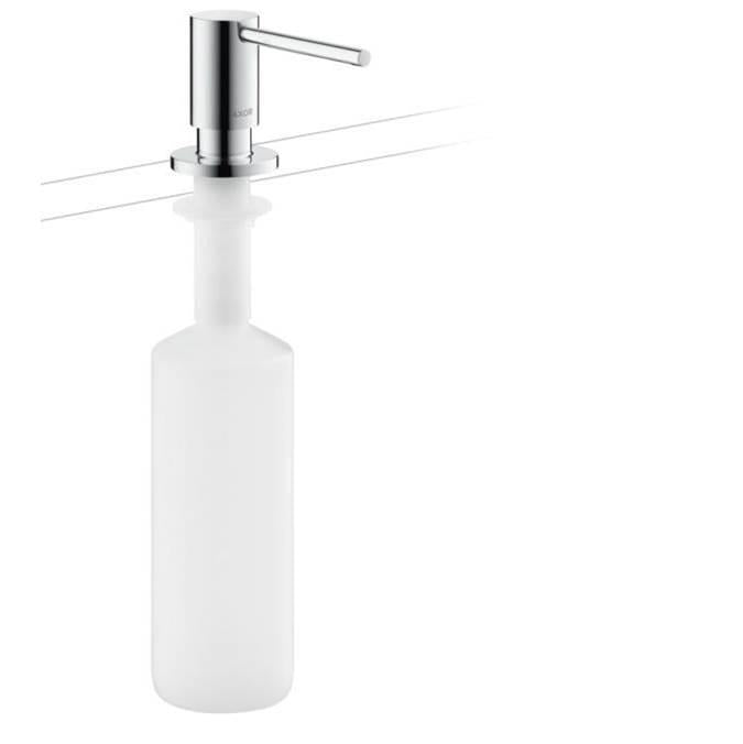 Chrome soap dispenser with cylindrical white bottle reservoir and horizontal lever pump mounted on countertop.