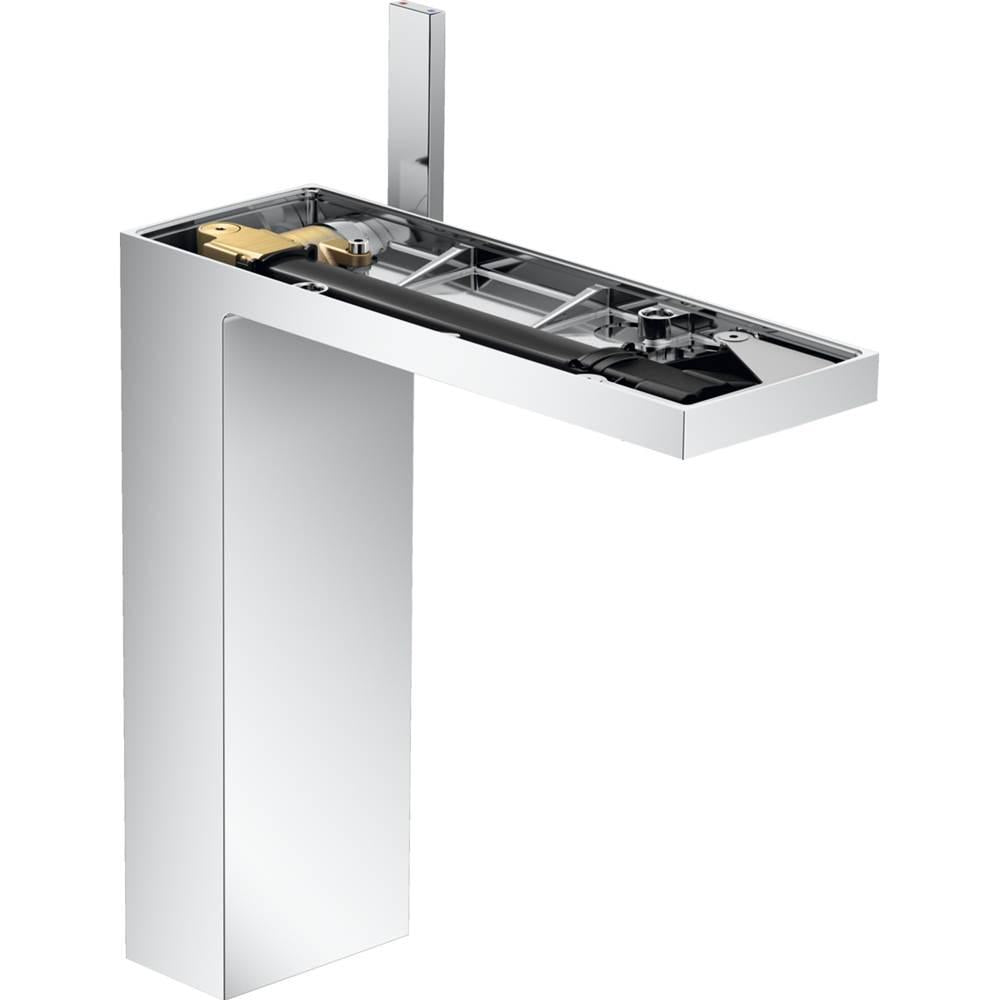 Chrome single-hole faucet with tall rectangular spout and white base unit containing internal components.