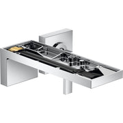 Chrome wall-mounted faucet trim with single handle and exposed internal components on white background.
