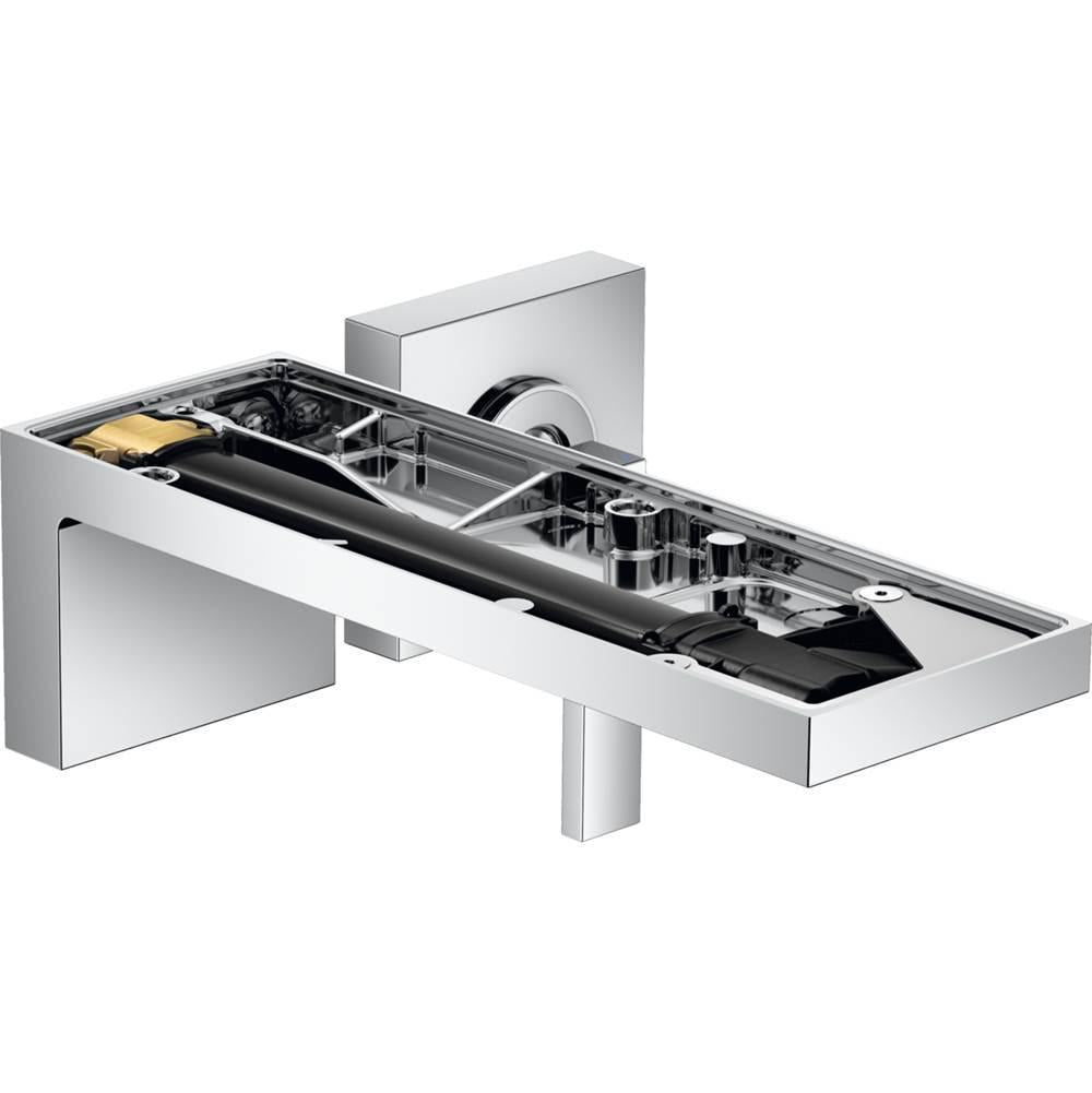 Chrome wall-mounted faucet trim with single handle and exposed internal components on white background.