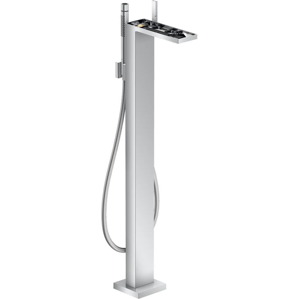 Chrome freestanding tub filler with tall square post, handshower, and rectangular tray shelf.