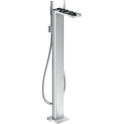 Chrome freestanding tub filler with tall square post, handshower, and rectangular tray shelf.
