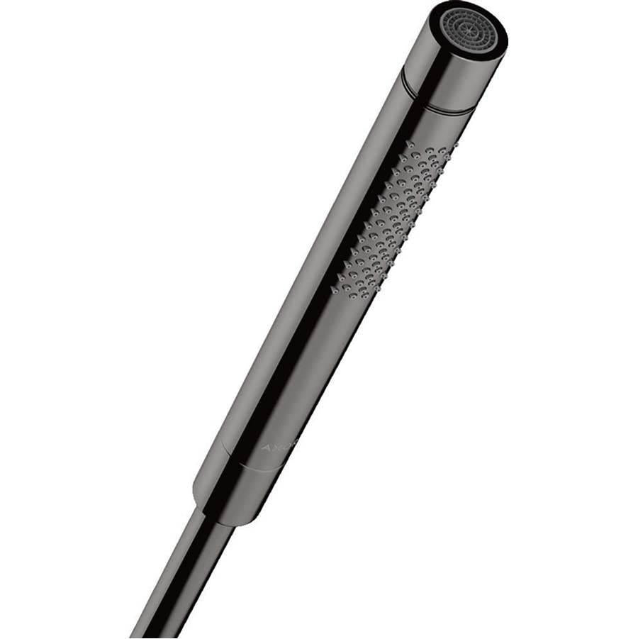 Polished black chrome handheld showerhead with textured grip section and circular spray face.