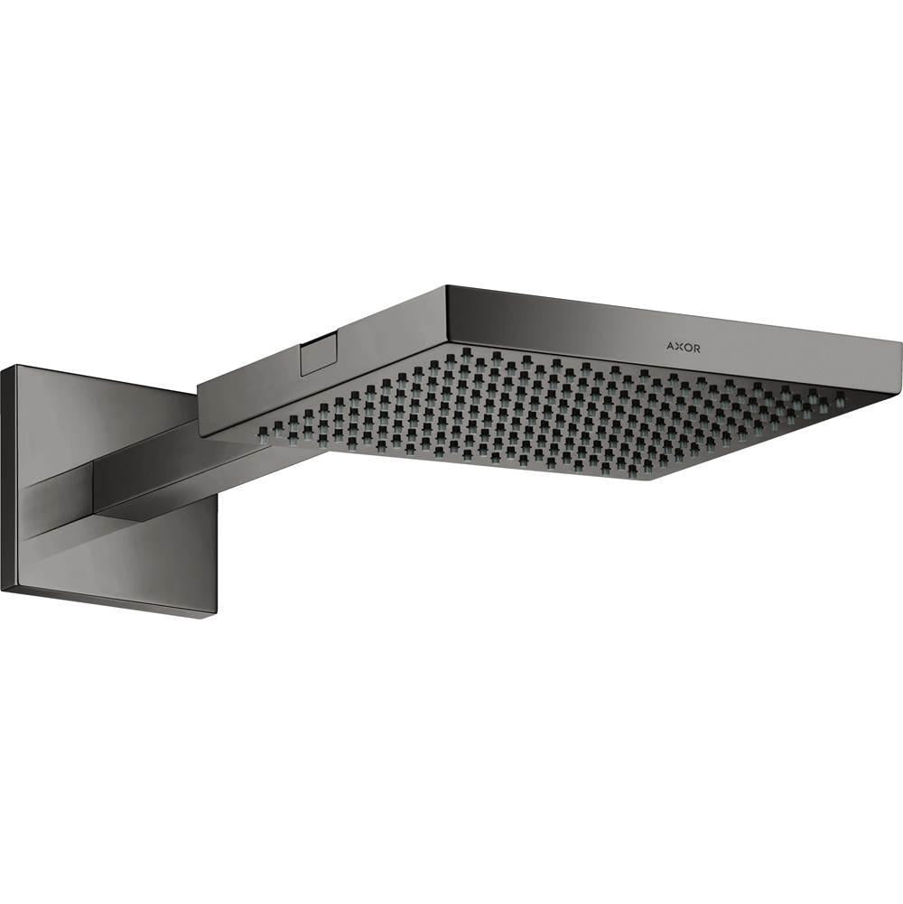 Polished black chrome rectangular shower head with perforated spray face mounted on curved wall arm trim.