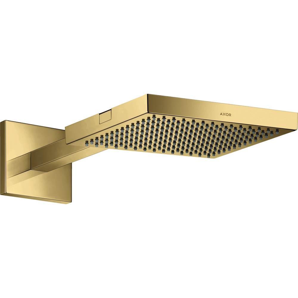 Polished gold shower head with rectangular perforated face and wall-mounted arm trim.