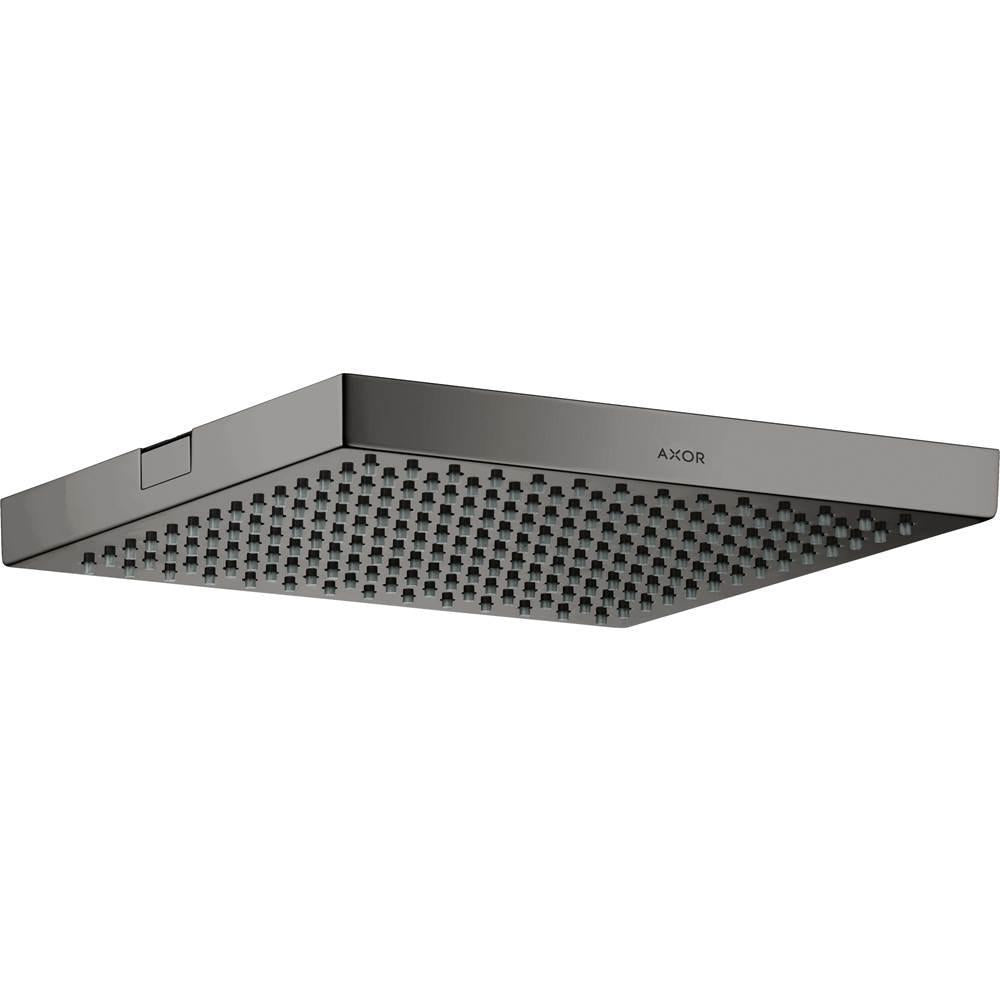 Square polished black chrome shower head with multiple jet holes and AXOR branding on the rim.