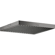 Square polished black chrome shower head with multiple jet holes and AXOR branding on the rim.