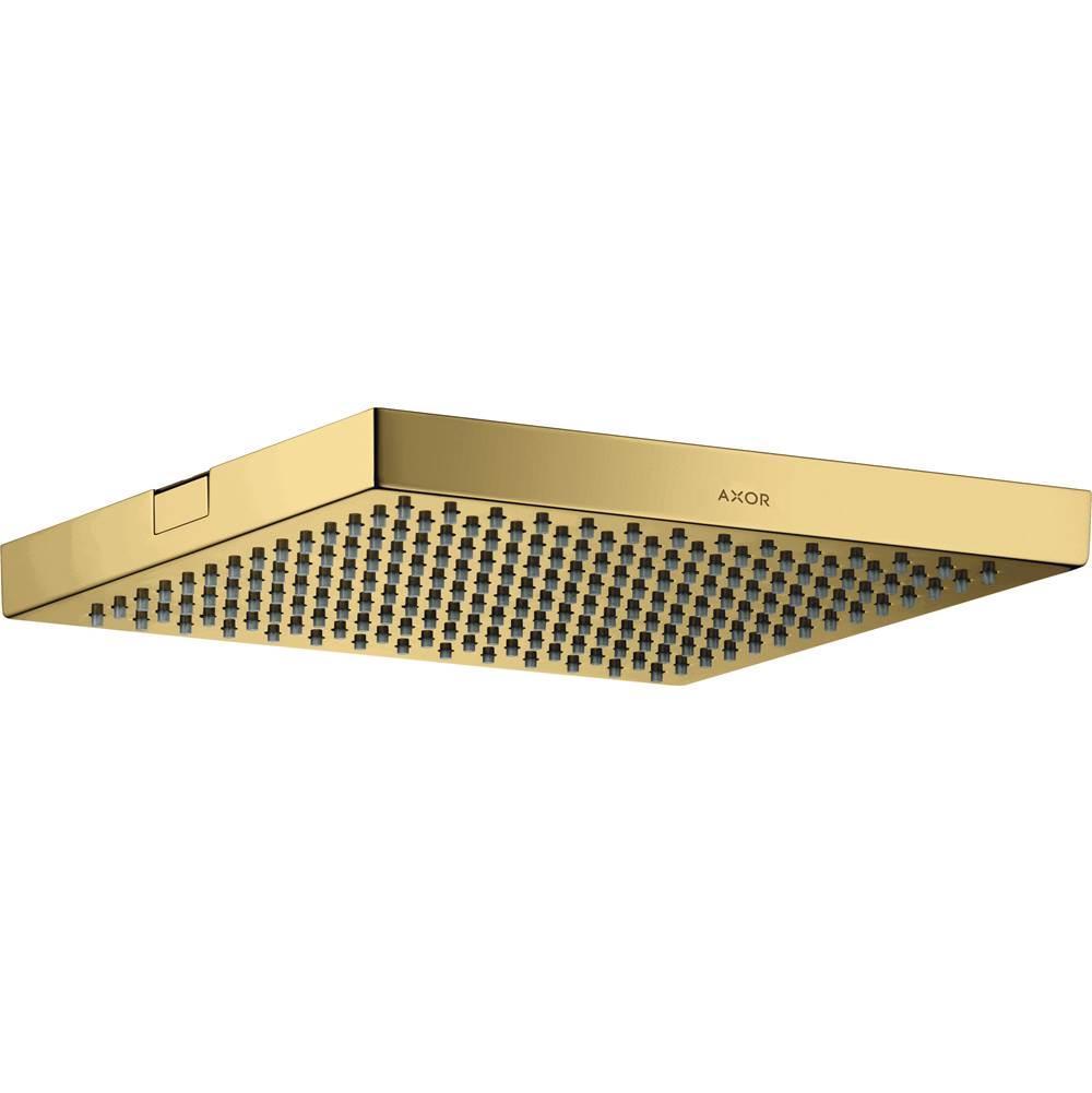 Square polished gold shower head with multiple spray jets on underside and AXOR branding visible.