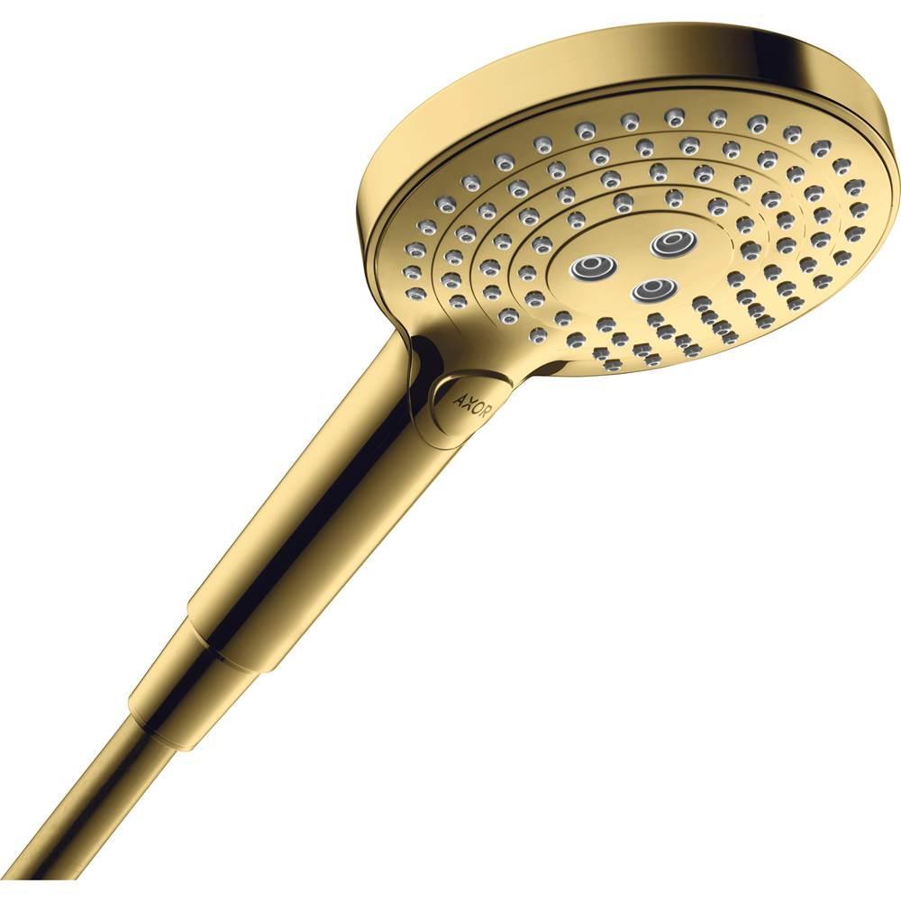 Polished gold handshower with round head featuring multiple spray jets and textured handle grip.