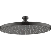 Round polished black chrome shower head with multiple spray jets and ceiling-mounted arm.